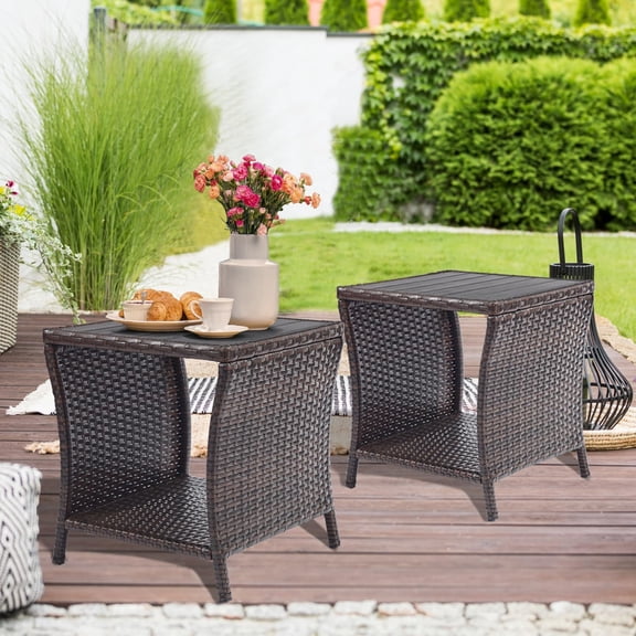 Outdoor Patio Side Table Set of 2 Small Brown Wicker Rattan End Table for Outside Storage Coffee Table with Poly Lumber Table Top for Garden Lawn Pool Porch Deck