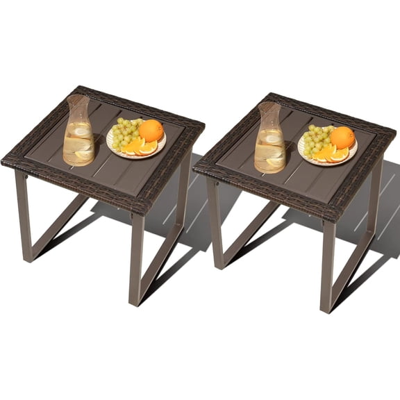 Outdoor Patio Side Table Set of 2, 2 Pieces Metal Patio Coffee Table, PE Wicker End Tables for Porch Yard Balcony, Brown