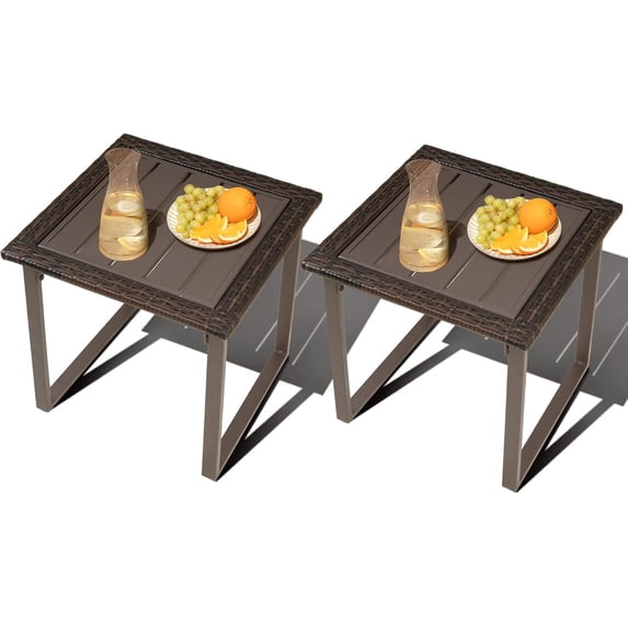 Outdoor Patio Side Table Set of 2, 2 Pieces Metal Patio Coffee Table, PE Wicker End Tables for Porch Yard Balcony, Brown
