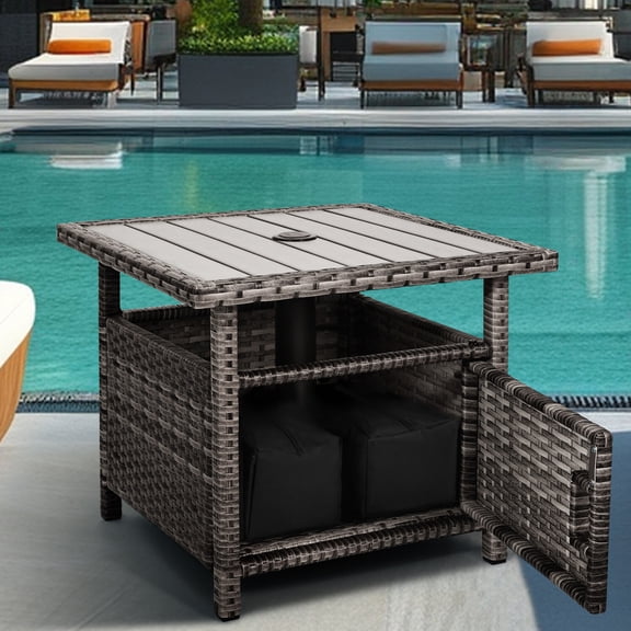 Outdoor Patio Side Table with Umbrella Hole Small Grey Wicker Umbrella Stand Table with 2 Weight Bags for Outside End Storage Coffee Table with Poly Lumber Top for Pool Garden Balcony Deck