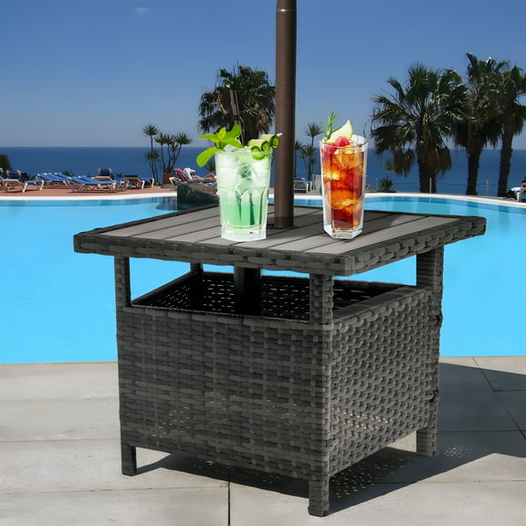Outdoor Patio Side Table Umbrella Stand All-Weather PE Wicker Rattan Umbrella Table Furniture for Garden Deck Pool Gray