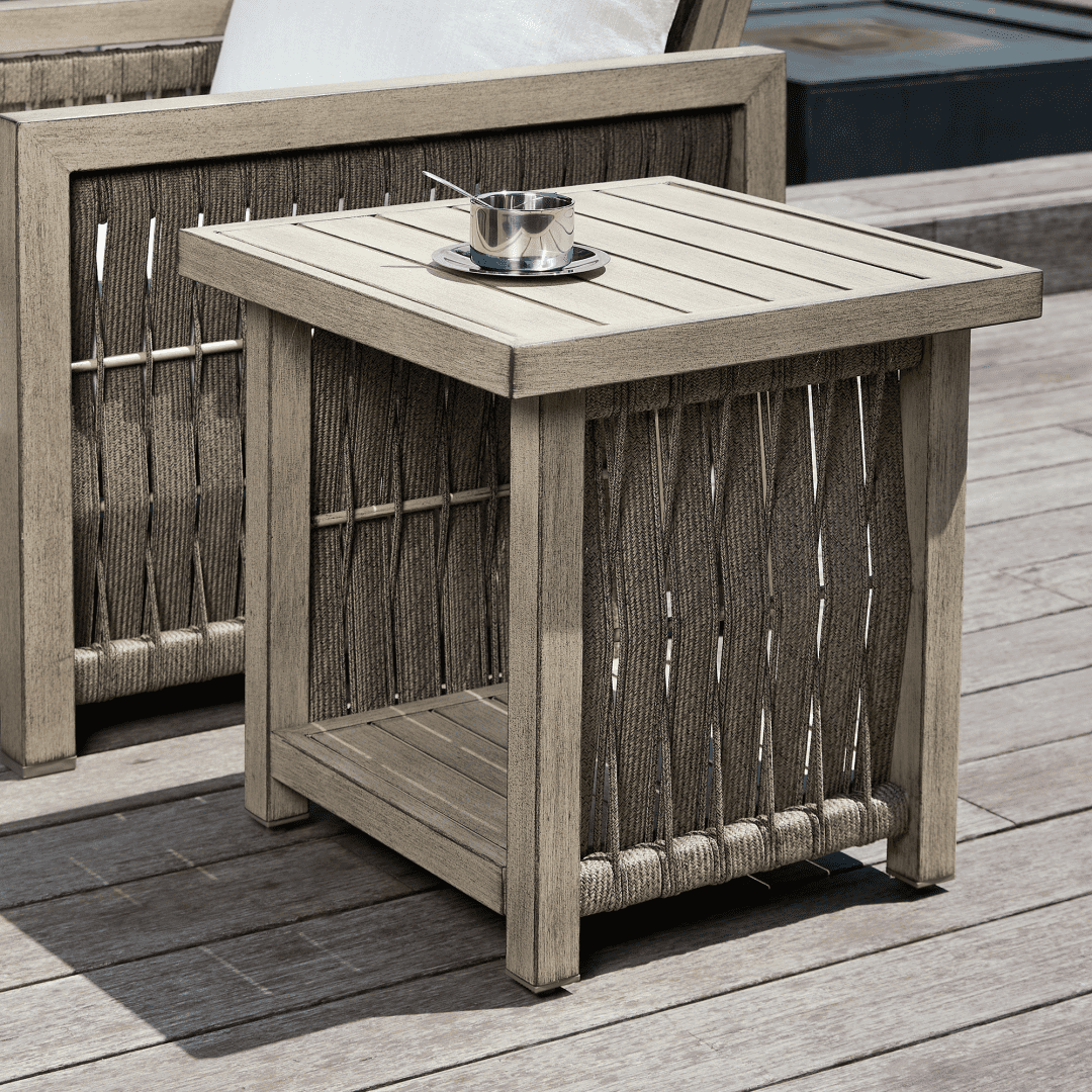 Outdoor Patio Side Table with Aluminum Frame, 2-Tier Rope Weave Design & Adjustable Legs