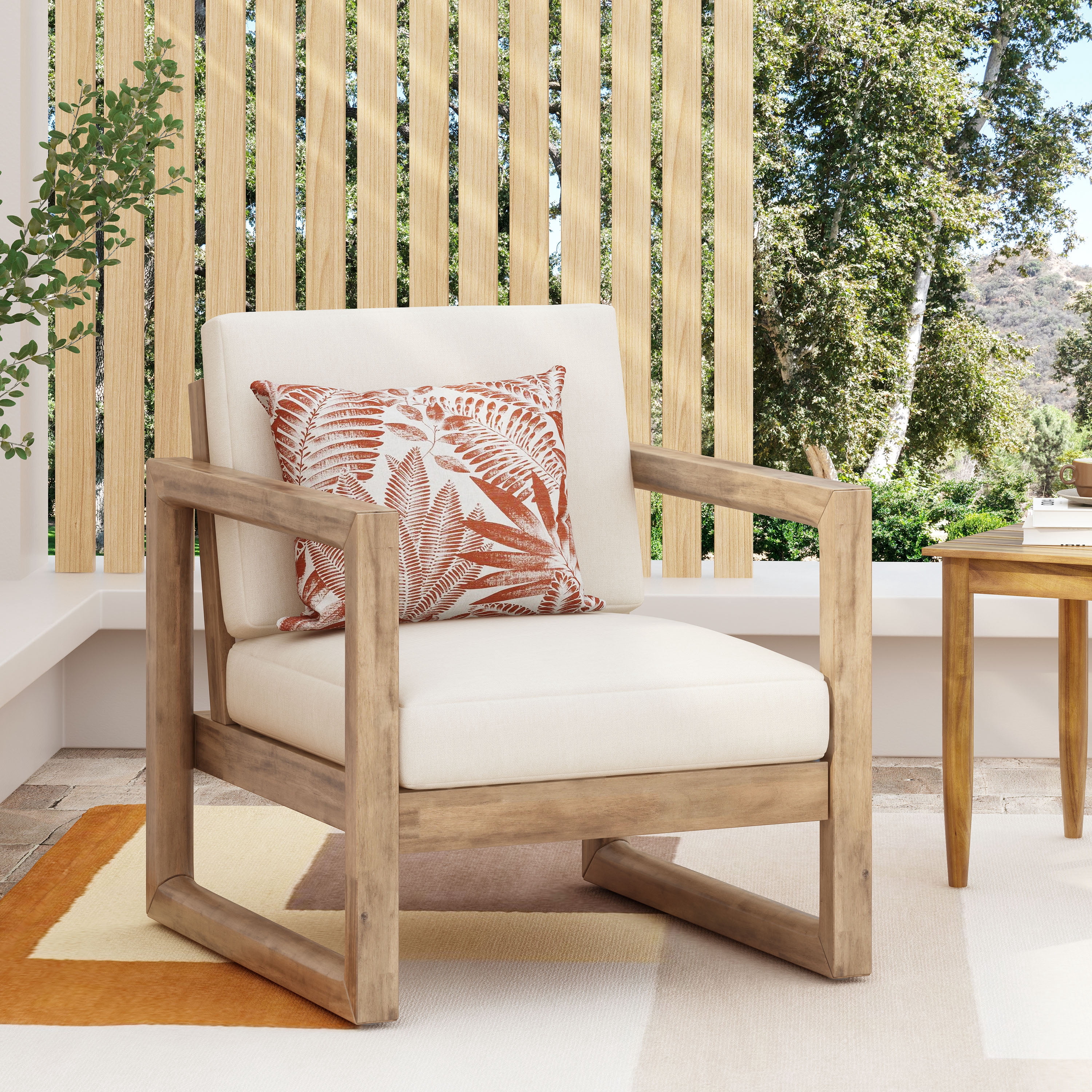 Outdoor Patio Single Seat Chair, Acacia Wood Frame with Thick Waterproof Cushion for Porch Garden, Brown Wash and Beige