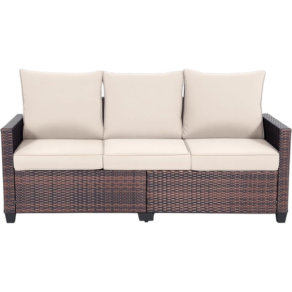 Outdoor Patio Sofa, 3-Seat Rattan Wicker Couch for Garden Deck or Porch, Comfortable All-Weather Patio Furniture with Anti-Slip Cushions (Beige)