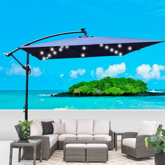 Outdoor Patio Solar Powered Umbrella with LED Lighted Sun Shade Market Waterproof 8 Ribs Umbrella, Adjustable Sun Umbrella with Crank and Cross Base for Garden, Balcony, Pool, Navy Blue