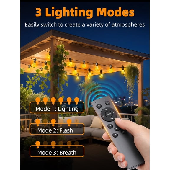 Outdoor Patio String Lights: S14 Shatterproof Bulb Outside Waterproof Light - 50Ft 15M Remote Dimmable Connectable Hanging Outdoor Electric Lighting - Garden Backyard Yard Gazebo Porch Party