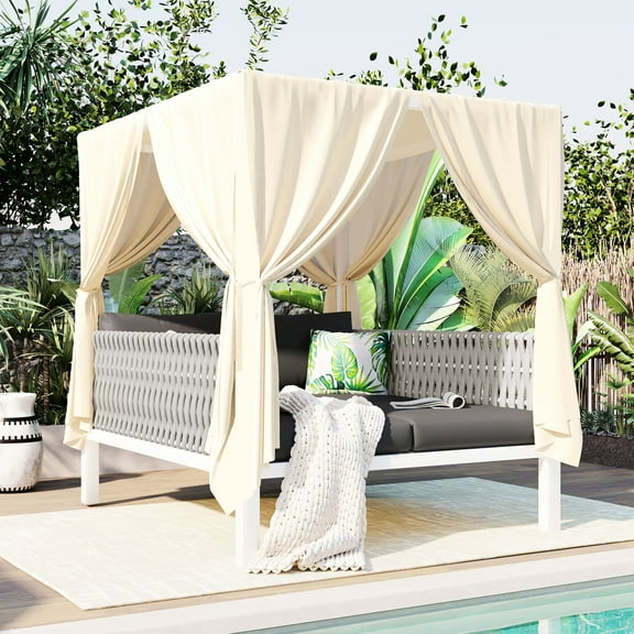 Outdoor Patio Sunbed With Canopy - Thick Cushions For Comfort Gray And Beige 15.7" Seat Height 3.9" Cushion Thickness 650lbs Capacity Elegant Sun Lounger Foam Filled Construction 57.5" Width X Depth