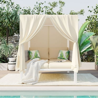 Outdoor Patio Sunbed Set with Curtain, Patio Sofa Set, Rattan Daybed Double Lounge Weave Sunbed, Suitable for Multiple Scenarios(Beige)