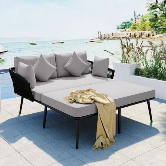 Outdoor Patio Sunbed with Woven Nylon Rope Backrest with Washable Cushion for Balcony, Poolside, Gray