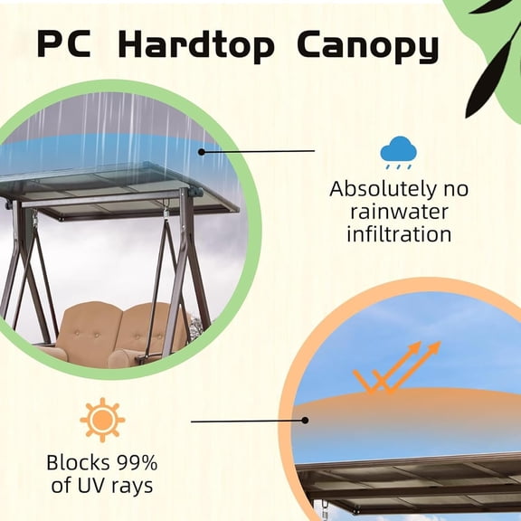 Outdoor Patio Swing with Adjustable Hardtop, 2 Seat Porch Swing with 2 Side Cup Holder, Convertible Backrest Swing Bed with Cushion, 2 Pillows for Front, Porch, Lawn, Khaki$$Garden & Patio