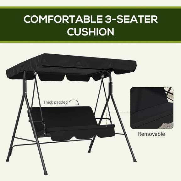 Outdoor Patio Swing Chair with Stand for 3 Persons, Steel Frame, Adjustable Canopy and Cushioned Seat for Garden Backyard Poolside Balcony, Black
