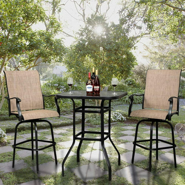 Outdoor Patio Swivel Bar Sets, BTMWAY 3 Piece Bar Height Bistro Set with Glass Top Dining Table and 2 Swivel Bar Stools, All-weather Fabric High Top Conversation Set for Backyard Balcony Front Porch