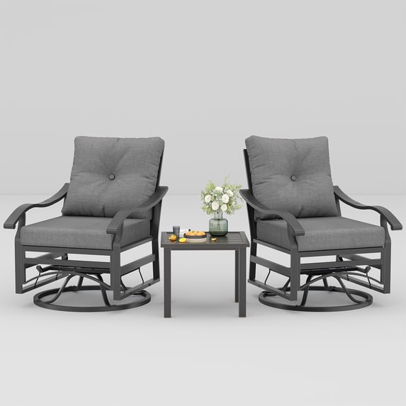 Outdoor Patio Swivel Rocking Chairs Set of 2 with Navy Cushions and Coffee Table, Comfortable Metal Garden Porch Backyard Furniture