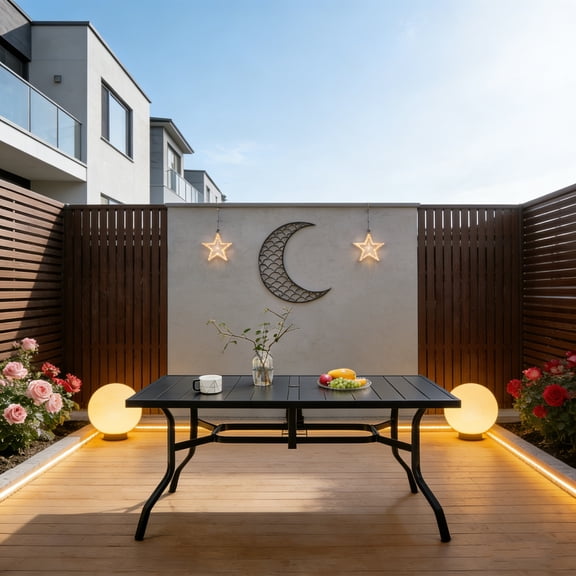 Outdoor Patio Table for 6, Dining Table with Umbrella Hole, Rust Resistant E-Coated Frame, All Weather Outdoor Furniture for Backyard, Garden & Poolside Use