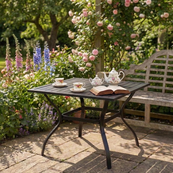 Metal Steel Slat Patio Table with Umbrella Hole, 37'' Square Outdoor Dining Bistro Table, Rust-Resistant Garden Table for Backyard, Balcony, Deck, Black