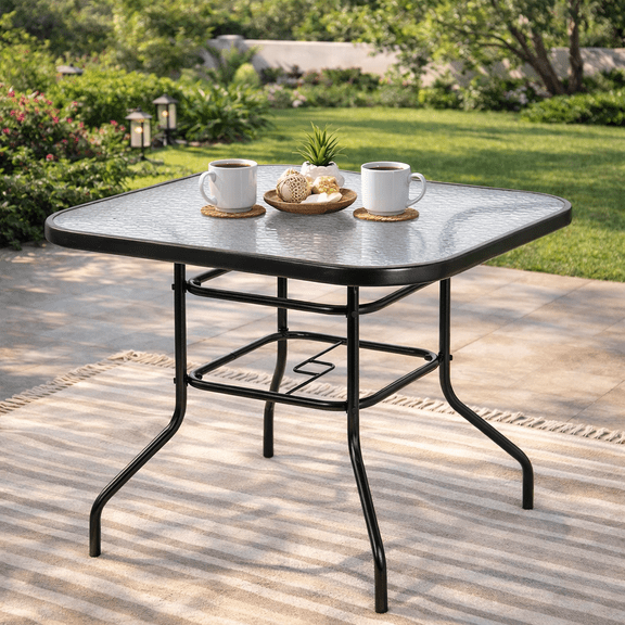 Outdoor Patio Table, Seizeen Metal Dining Bistro Table with Glass Top, Square Patio Table with Umbrella Hole, Square