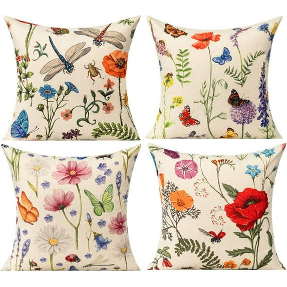 Outdoor Patio Throw Pillow Covers 24x24 Set of 4 Summer Spring Garden Flowers Farmhouse Décor Outside Furniture Swing Seat Bench Chair Decorative Cushion Cases for Deep Seat Bed Couch Sofa