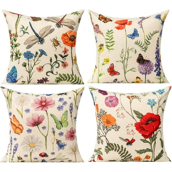 Outdoor Patio Throw Pillow Covers Spring Summer Garden Flowers Farmhouse Décor Outside Furniture Bench Chair Decorative Cushion Cases 18x18 Set of 4 for Swing Deep Seat Bed Couch Sofa