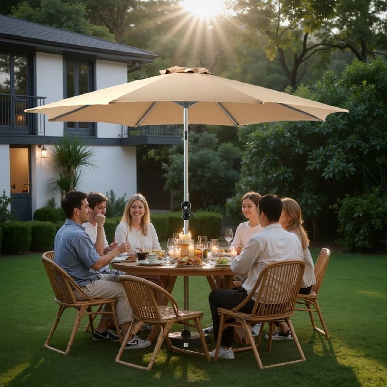 Outdoor Patio Umbrella,9' Outdoor Table Umbrella, Yard Umbrella, Market Umbrella with 8 Sturdy Ribs, Push Button Tilt and Crank, Khaki