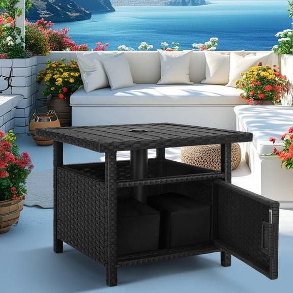 Outdoor Patio Umbrella Side Table with Umbrella Hole Small Wicker Coffee Table with Storage & 2 Weight Bags for Outside End Tables with Poly Lumber Top for Pool Deck Backyard Black