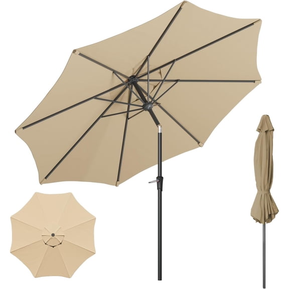 Outdoor Patio Umbrella with One Push Button Tilt and Crank, 8 Sturdy Ribs Market Table Umbrella