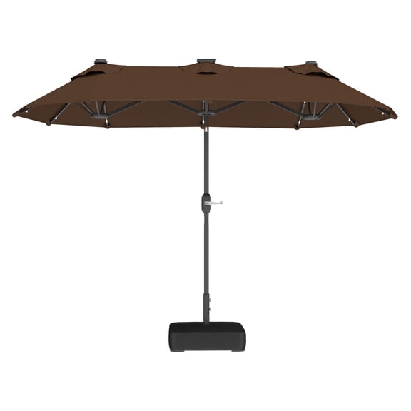 Outdoor Patio Umbrella with Solar Lights & Base - 118" Coffee Double-Sided Tilt Umbrella - Dining Table Sun Shade - Garden Beach Poolside Protection