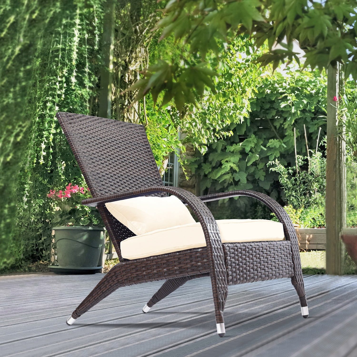 Outdoor Patio Wicker Adirondack Chair Outside Fire Pit Chairs Oversized Comfy Coconino Rattan Armchair Low Deep Seating High Back with Cushion and
