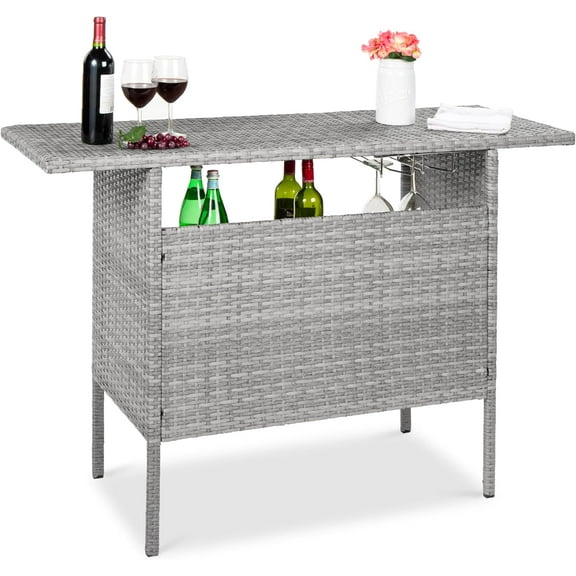 Outdoor Patio Wicker Bar Counter Table Backyard Furniture w/ 2 Steel Shelves and 2 Sets of Rails - Gray