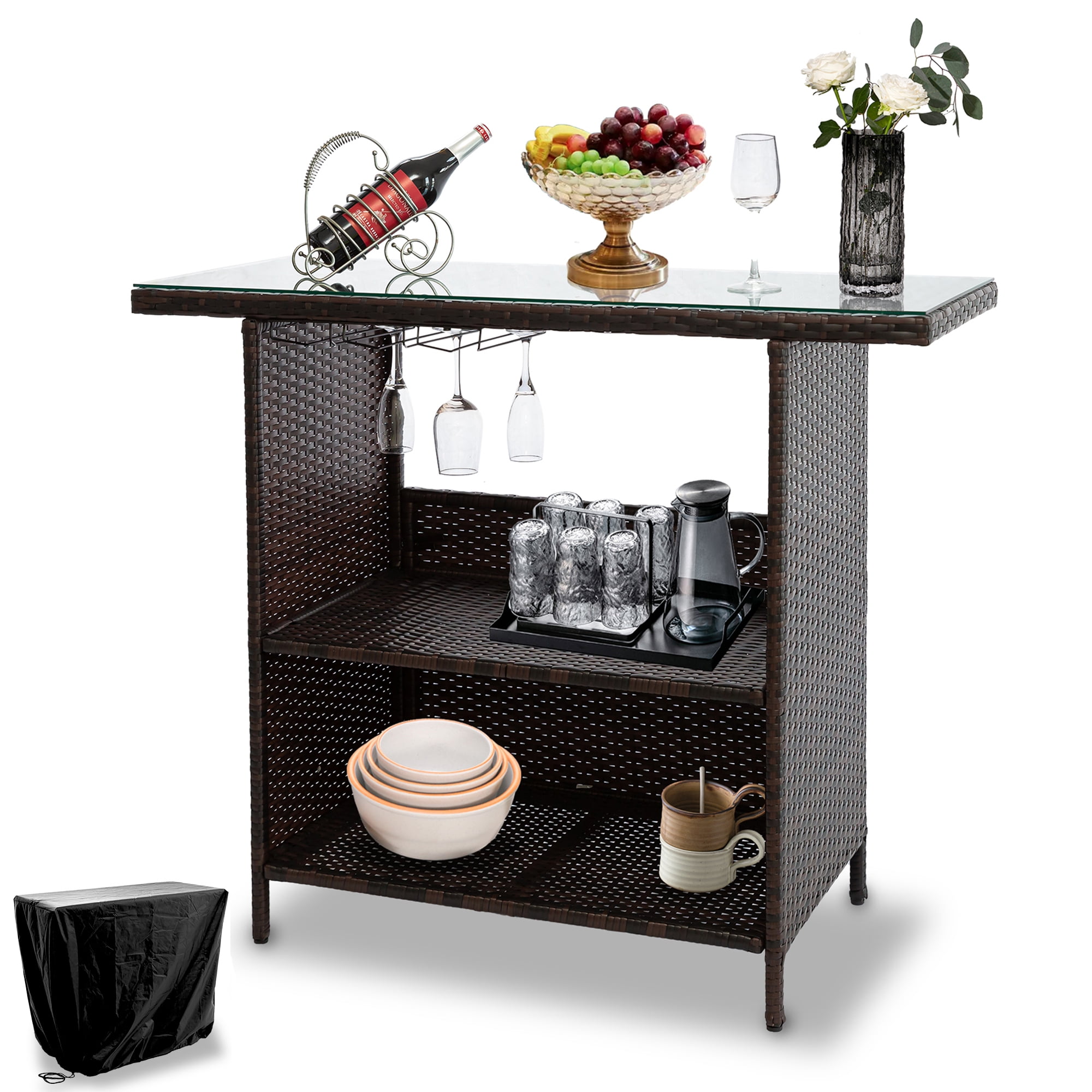 Outdoor Patio Wicker Bar Counter Table Tempered Glass Tabletop w