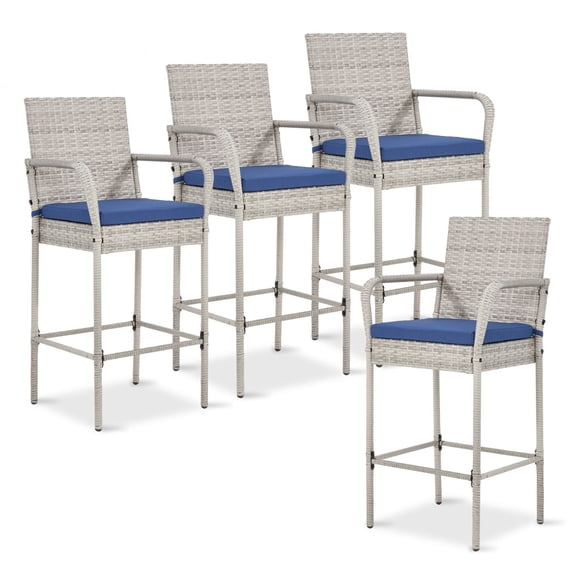 Outdoor Patio Wicker Bar Stools, Pe Wicker Rattan Bar Stools With Removable Cushions, Ergonomic Armrests & Backrest, All-weather Outdoor Bar Stools For Patio. Backyard, Poolside