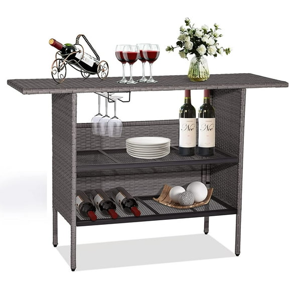 Outdoor Patio Wicker Bar Table, 2 Storage Shelves, 55''W Tabletop, Rails for Hanging Wine Glasses, Heavy-Duty Metal Frame, Bistro Rattan Bar Counter Table for Poolside Backyard (Mix Gray)