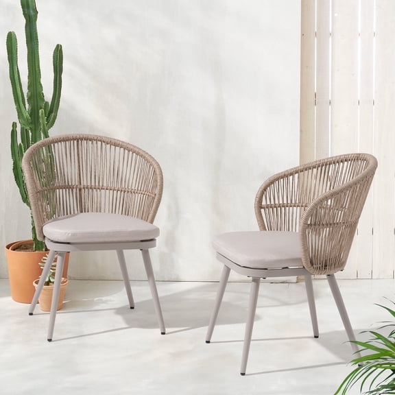 JOIVI Outdoor Patio Wicker Chair, All-Weather Rattan patio Dining Chair, Armchair Seating with Cushion, Set of 2, Beige