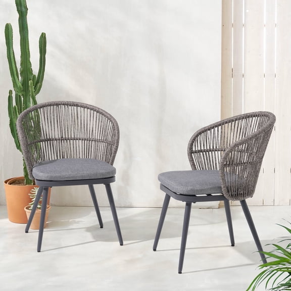 JOIVI Outdoor Patio Wicker Chair, All-Weather Rattan patio Dining Chair, Armchair Seating with Cushion, Set of 2, Gray