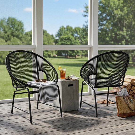 Outdoor Patio Wicker Chairs Set of 2, PE Rattan & Iron Frame Bistro Chairs, Weather-Resistant Black Porch Seating for Garden, Poolside, Heavy Duty
