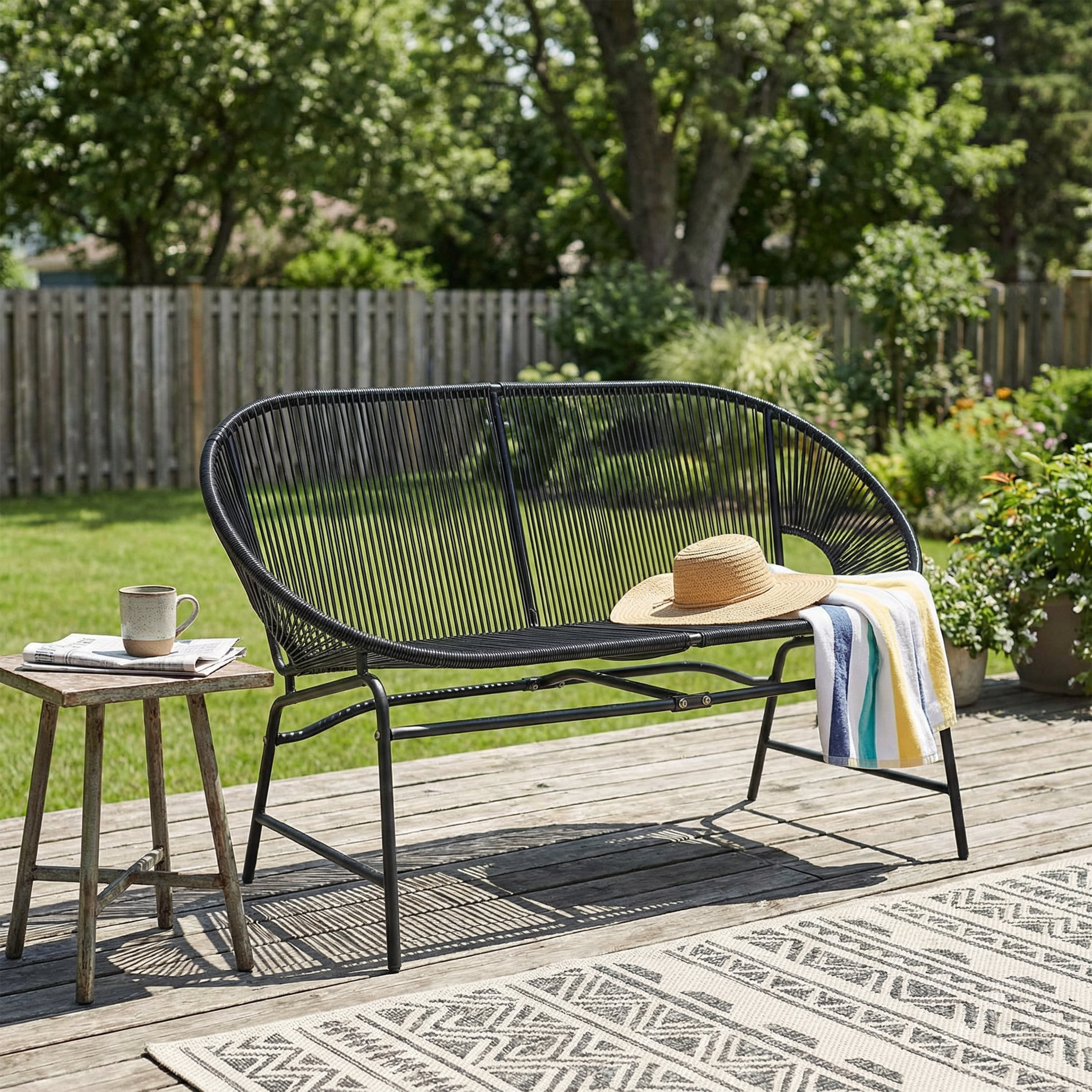 Outdoor Patio Wicker Love Seat, Black Pe Rattan & Iron Frame