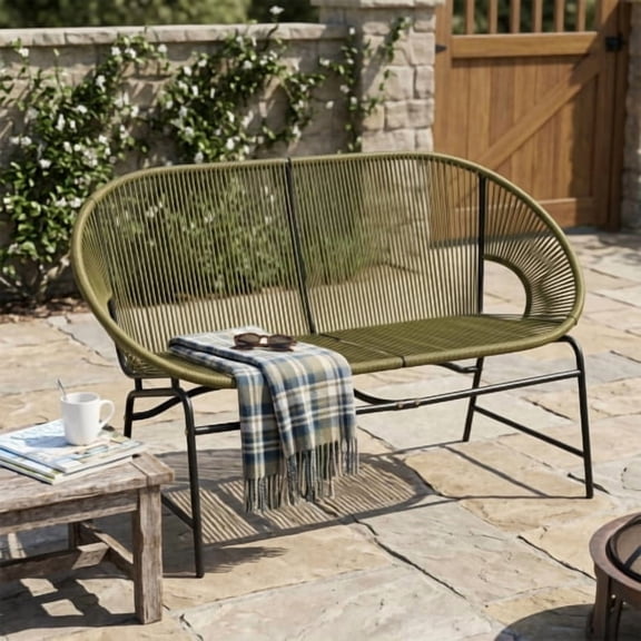 Outdoor Patio Wicker Loveseat, Modern 2 Seater PE Rattan Bench with Iron Frame, UV Resistant All Weather Lounge Chair for Garden, Porch, Balcony, Green