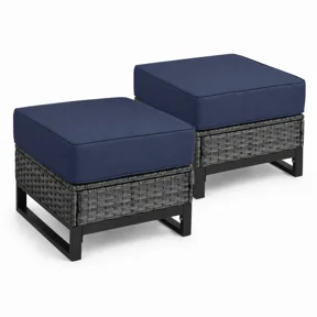 Outdoor Patio Wicker Ottoman PE Rattan Footstool with Cushion Porch Deck