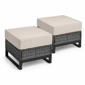 Outdoor Patio Wicker Ottoman PE Rattan Footstool with Cushion Porch Deck
