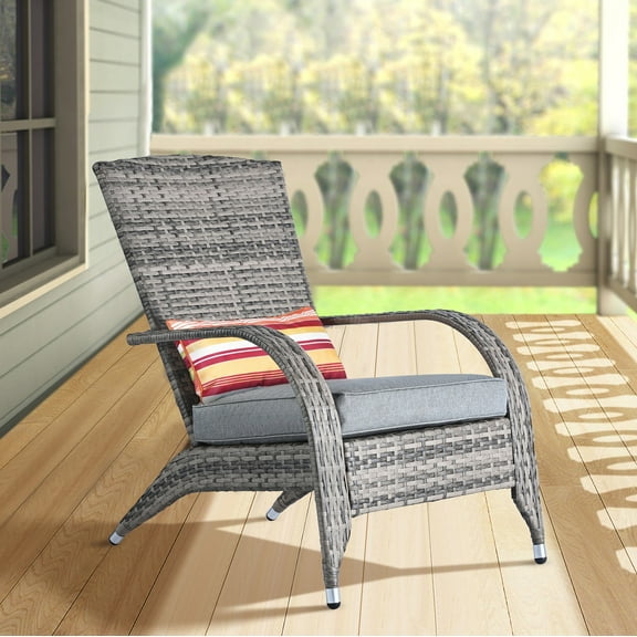 Outdoor Patio Wicker Rattan Adirondack Chair Outside Fire Pit Chairs Comfy Relax Accent Patio Chair Low Deep Seating High Back with Cushion and Pillow for Porch Deck Balcony Lawn Backyard Mixed Grey