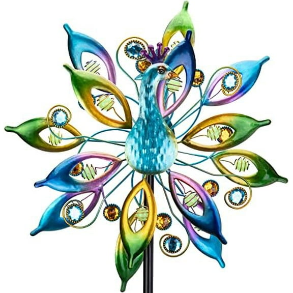 Outdoor Peacock Wind Spinners with Gem Decor, 13" D*65" H Double Sided Kinetic Wind Sculptures & Spinners, Metal Peacock Decor for Garden Yard Lawn