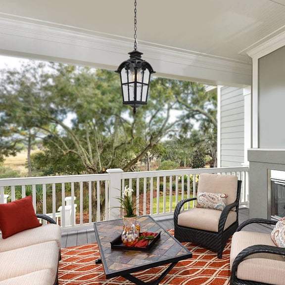 Outdoor Pendant Lantern 9x19in Black IP54 Waterproof Exterior Hanging Light with Glass Shade & Adjustable Chain