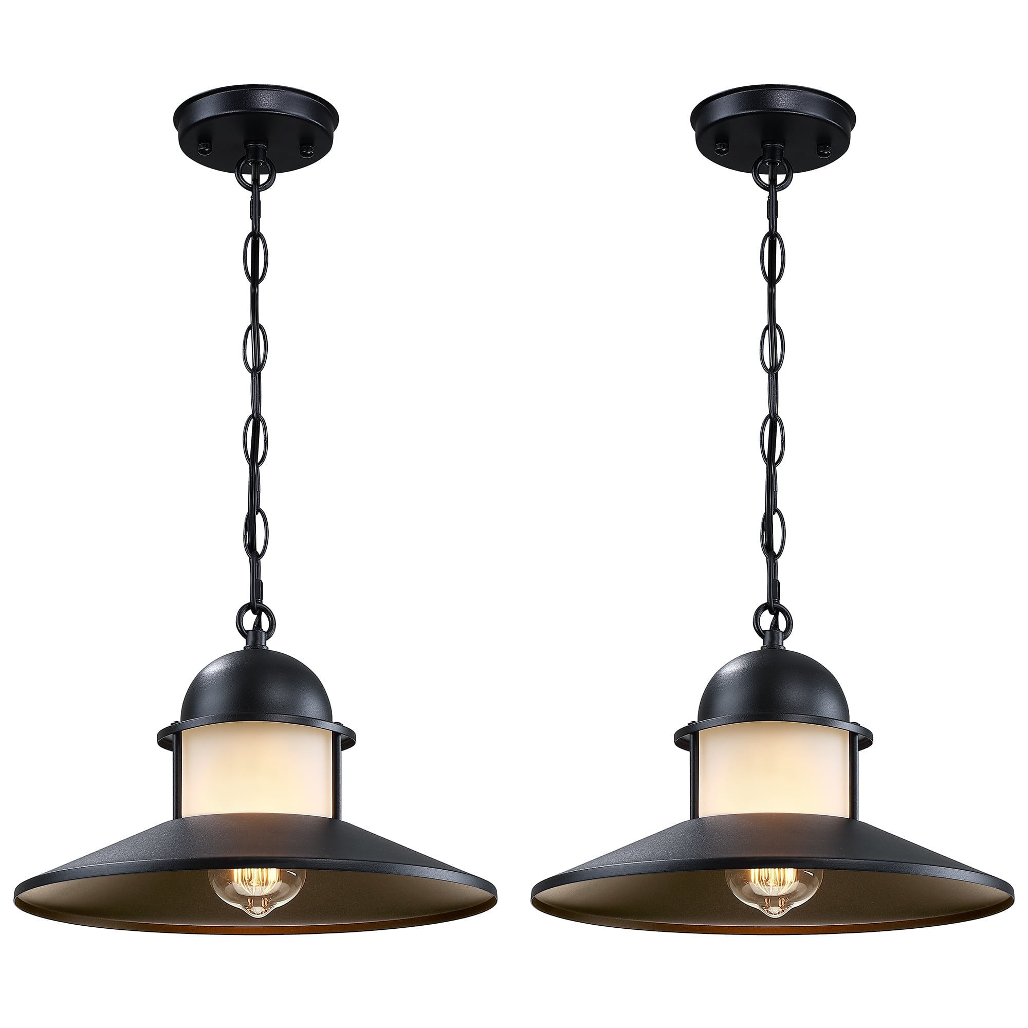 Outdoor Pendant Light 2 Pack, Modern Outside Chandelier Outdoor Hanging Lantern Light in Matte Black with Frosted Glass, Exterior Pendant Lighting Fixture Ceiling Mount for Porch Patio Gazebo