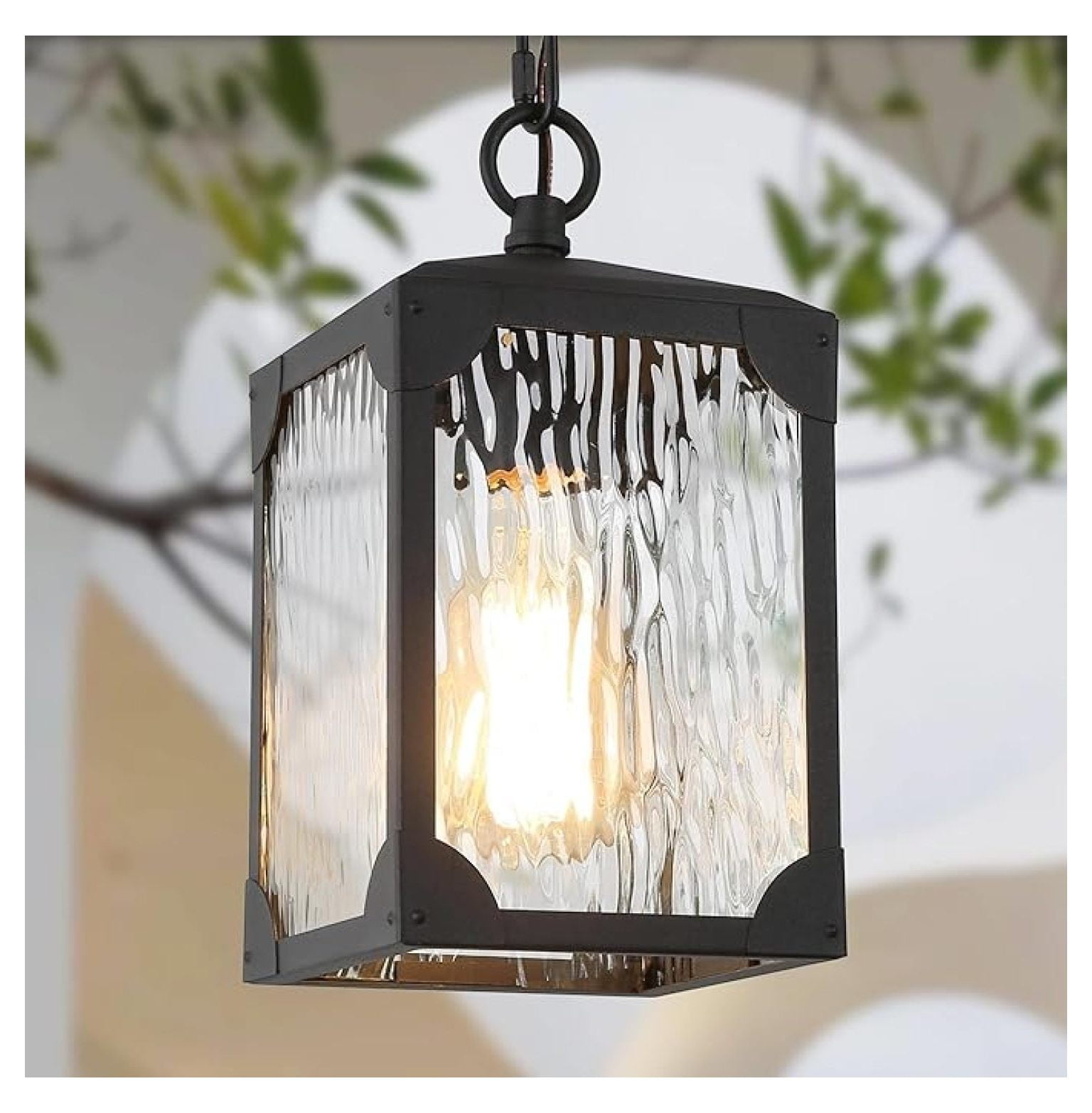 Outdoor Pendant Light Fixture, Farmhouse Exterior Lights, Anti-Rust Ceiling Outdoor Light with Water Ripple Glass, Square Hanging Lantern for Front Door, Entry, Porch, and Gazebo