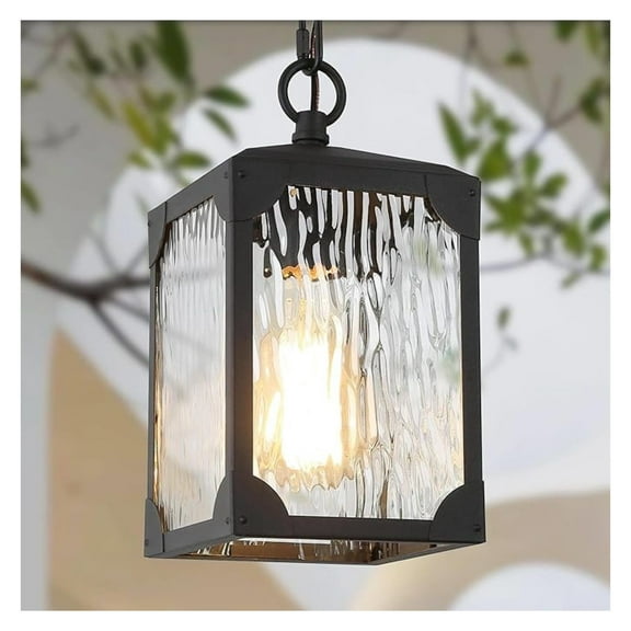 Outdoor Pendant Light Fixture, Farmhouse Exterior Lights, Anti-Rust Ceiling Outdoor Light with Water Ripple Glass, Square Hanging Lantern for Front Door, Entry, Porch, and Gazebo