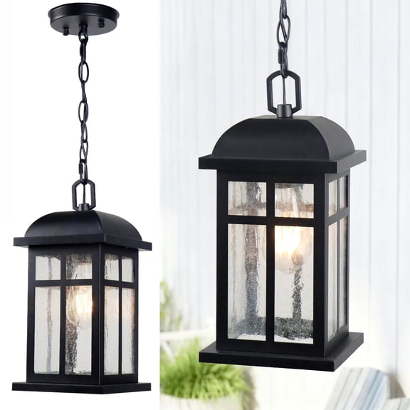 Outdoor Pendant Light for Porch, Farmhouse Exterior Pendant Lantern, Matte Black Outside Modern Hanging Porch Light with Seeded Glass for Door Patio Entryway Gazebo Breezeway Pergolas Yard