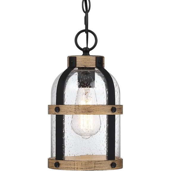 Outdoor Pendant Light for Porch,Waterproof Modern Exterior Hanging Lantern with Adjustable Chain, in Black and Wood Grain Finish with Air Bubble Glass for Front Door,Entryway,Farmhouse