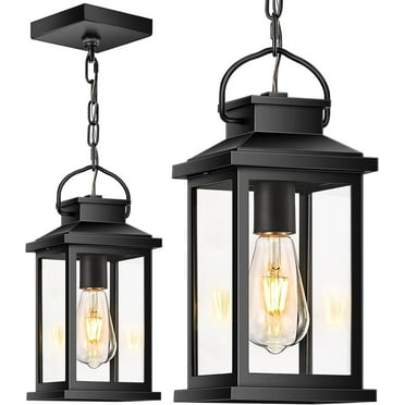 Outdoor Pendant Lights for Porch, Black Exterior Chandelier for Gazebo, Modern Outside Hanging Lanterns Outdoor Ceiling Light Fixture with Tempered Glass for House Patio, Anti-Rust Waterproof
