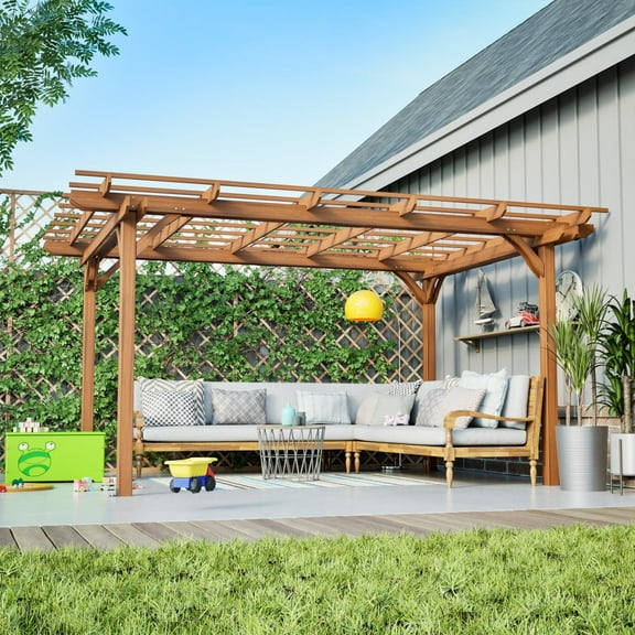 12 x 10 FT Outdoor Pergola, Wooden Patio Pergola Gazebo, Wood Gazebo Grape Trellis with Arched Roof, Stable Structure and Concrete Anchors for Climbing Plant Support, Garden, Patio (Brown)