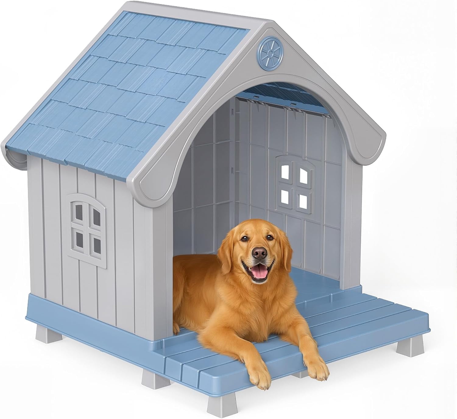 Outdoor Pet House with Elevated Platform, Weatherproof Plastic Pet Shelter for Medium Pets