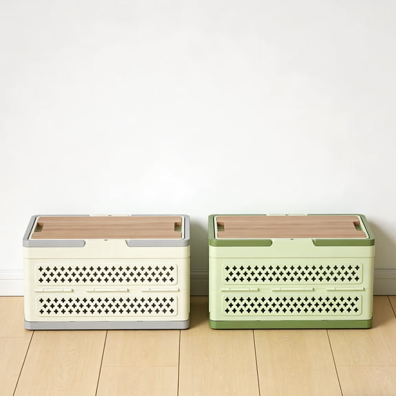 Outdoor Picnic Basket Portable Foldable Storage Box Multipurpose Handheld Mesh Design Plastic Tabletop Waterproof for Camping Household Beige,Green 46x26.5x25cm